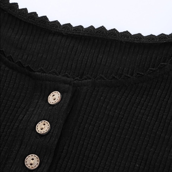 Black Crochet Plus Sized Lace Hem Sleeve Button Rib Knit Henley Top - 2X - Picture 6 of 12